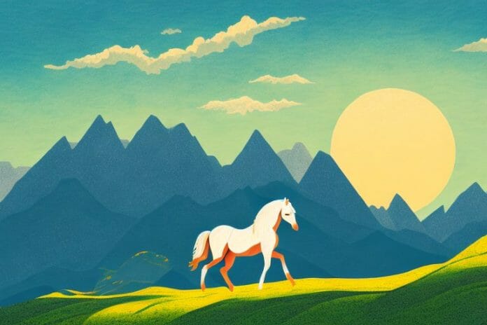 A horse in a mountainous landscape