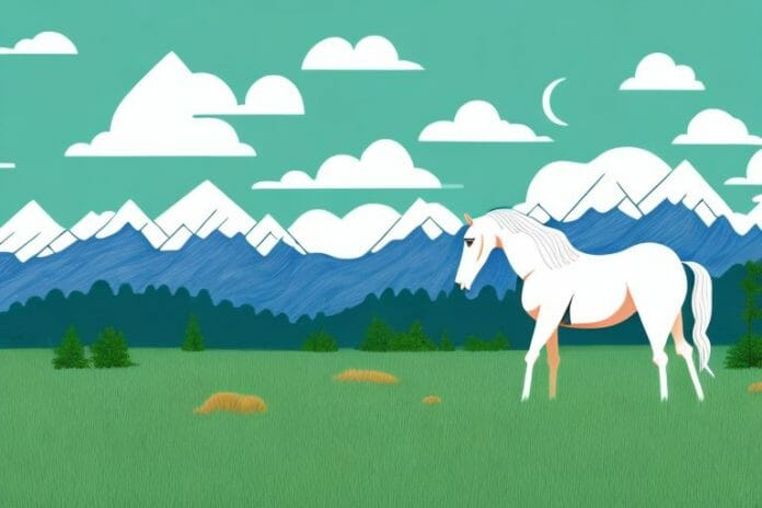 A horse in a grassy field with the rocky mountains in the background