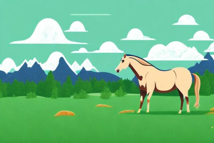 A horse standing in a grassy meadow surrounded by rocky mountains