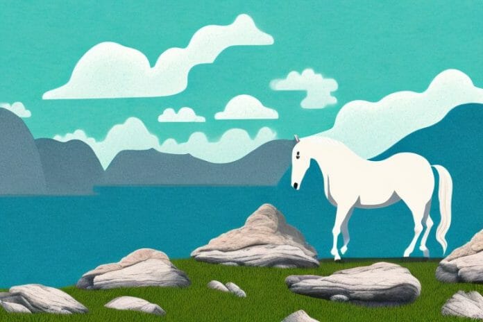 A horse in a mountainous landscape