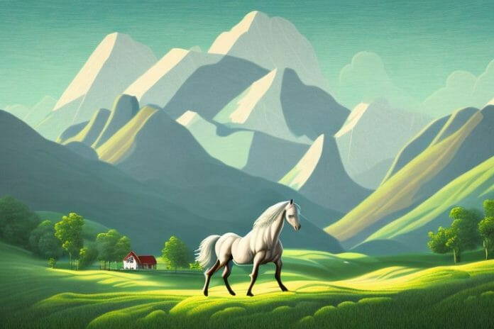 A horse in a mountainous landscape