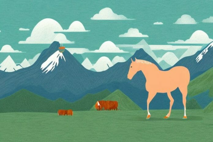 A horse in a mountainous landscape
