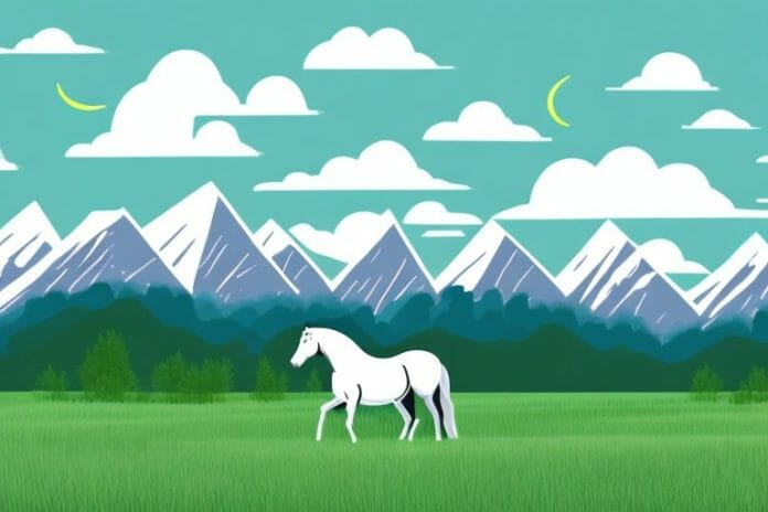 A horse grazing in a grassy field with the rocky mountains in the background
