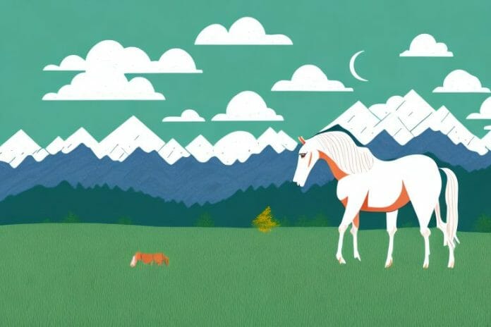 A horse in a grassy field with the rocky mountains in the background