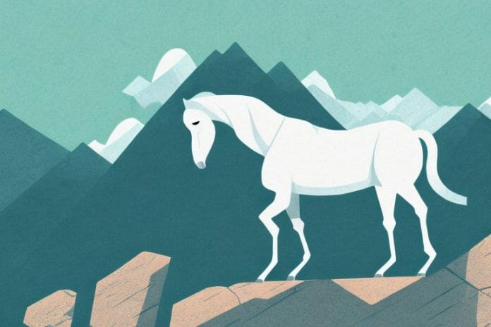 A horse standing in a rocky mountain landscape