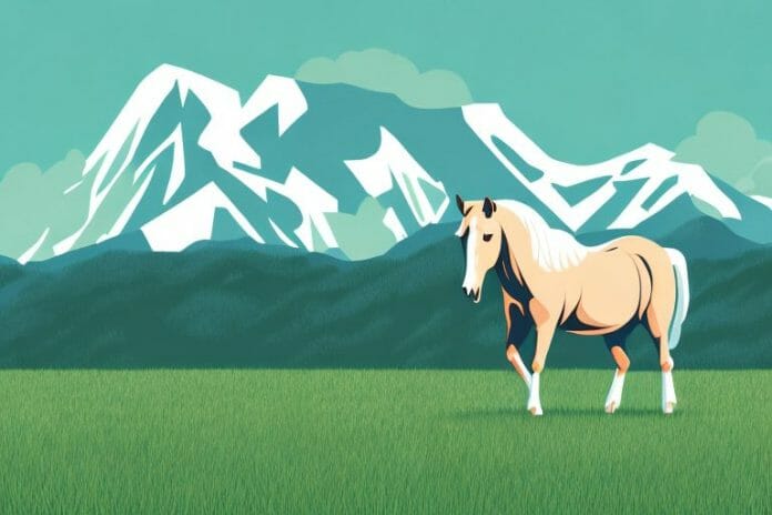 A horse standing in a grassy field with a rocky mountain range in the background