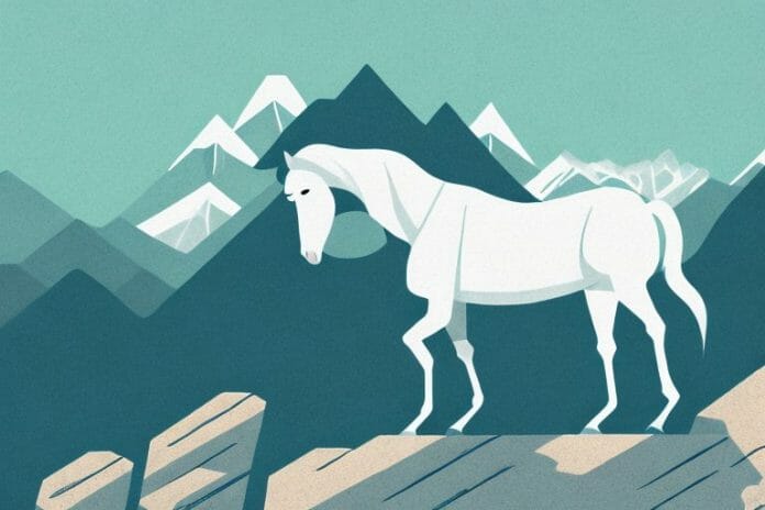 A horse standing in a rocky mountain landscape