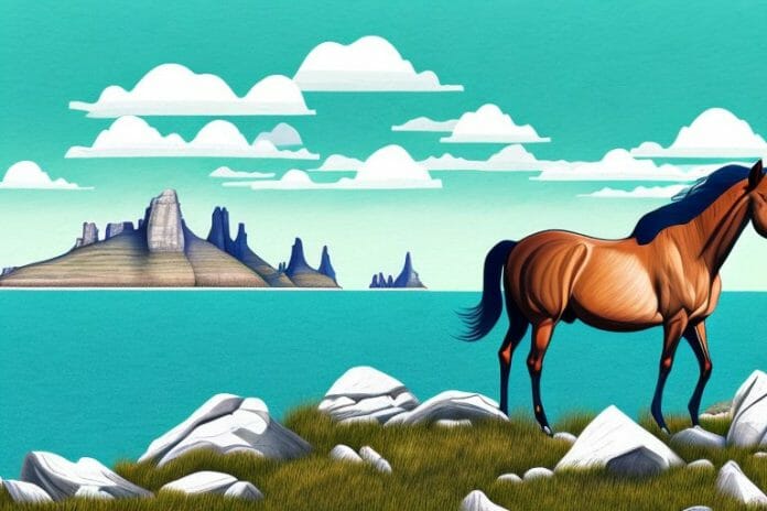 A horse in a rocky mountain landscape with the port alfred coastline in the background