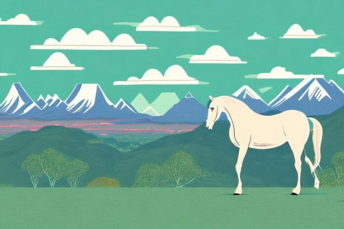 A horse in a mountainous landscape with a view of bloemfontein in the background