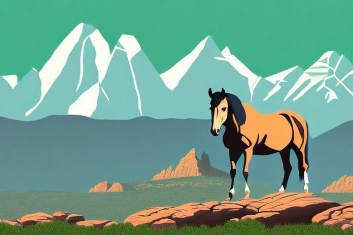 A horse standing in a rocky mountain landscape with welkom