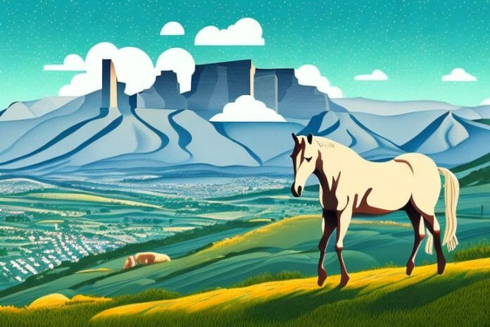 A horse in a mountainous landscape