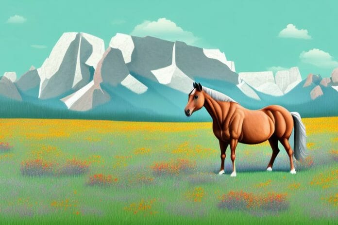 A horse standing in a field of wildflowers in the rocky mountains