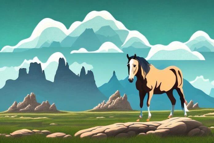 A horse in a rocky mountain landscape with the kroonstad skyline in the background