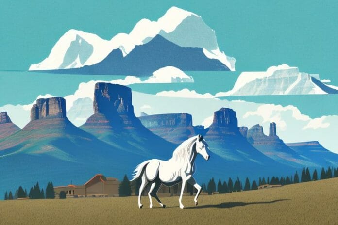 A horse in the rocky mountains with a backdrop of the harrismith skyline