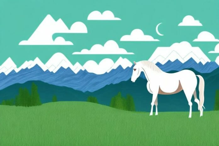 A horse standing in a grassy field with the rocky mountains in the background