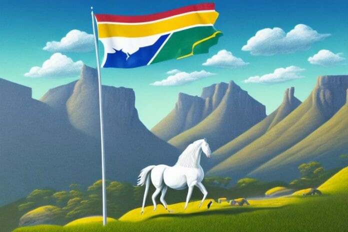 A horse in a mountainous landscape with the south african flag in the background