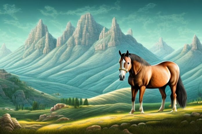 A horse in a mountainous landscape