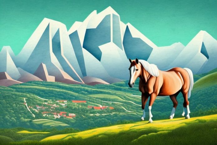 A horse in a mountainous landscape