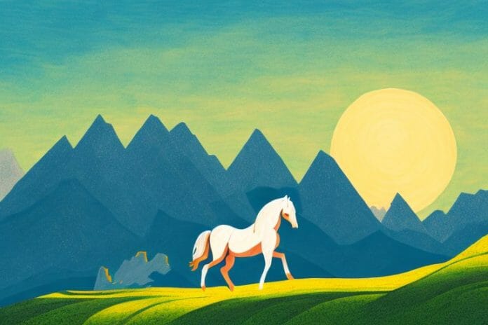 A horse in a mountainous landscape
