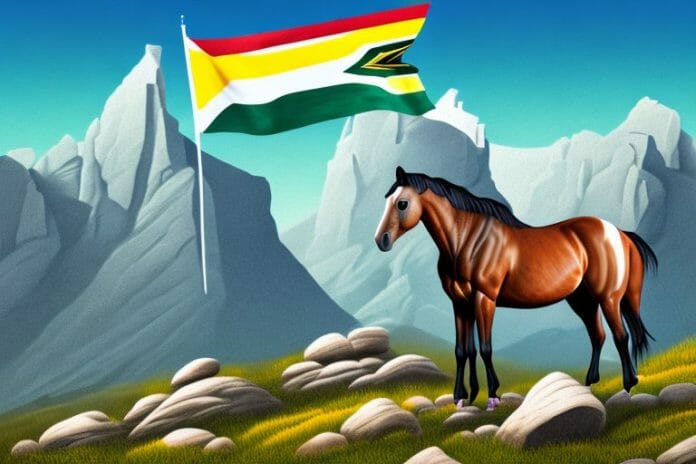 A horse in a rocky mountain landscape with a south african flag in the background