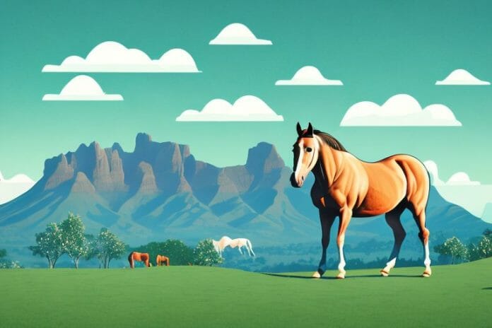 A horse standing in a mountainous landscape with a roodepoort skyline in the background