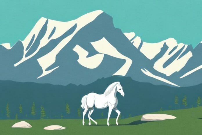 A horse in the rocky mountains with a backdrop of kempton park