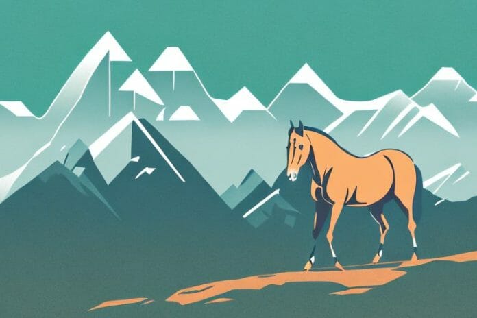 A horse in the rocky mountains with a background of the germiston skyline