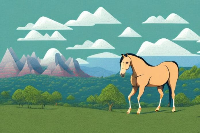 A horse in a mountainous landscape with a backdrop of the giyani skyline