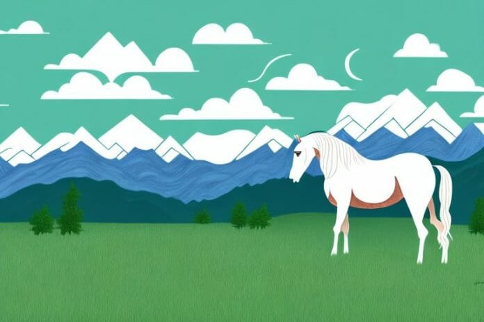 A horse standing in a grassy field with the rocky mountains in the background