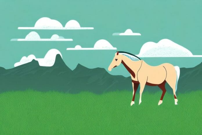 A horse standing in a grassy field in the rocky mountains