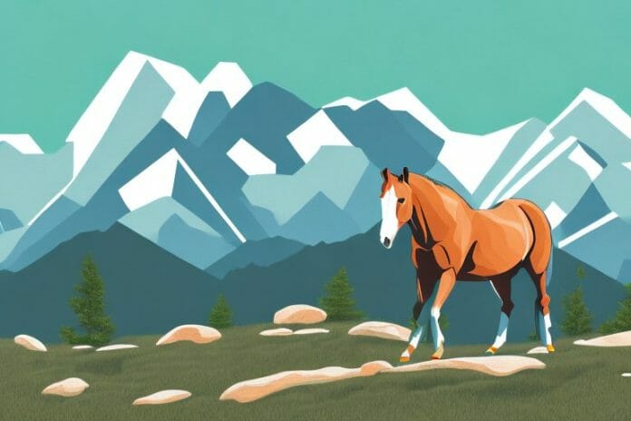 A horse in the rocky mountains with the secunda landscape in the background