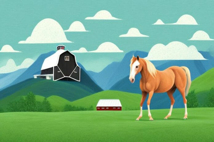 A horse in a mountainous landscape with a barn in the background