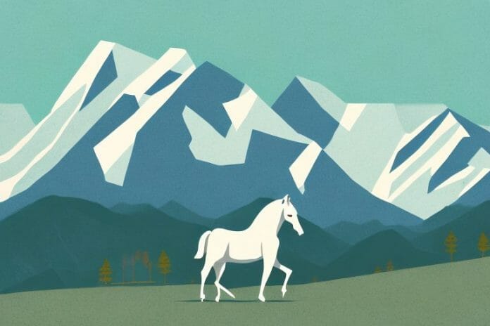 A horse in the rocky mountains with a backdrop of ermelo