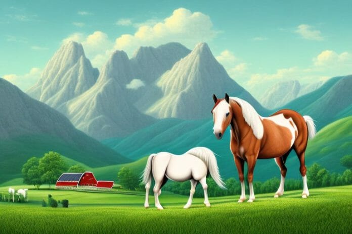 A horse in the foreground of a mountainous landscape