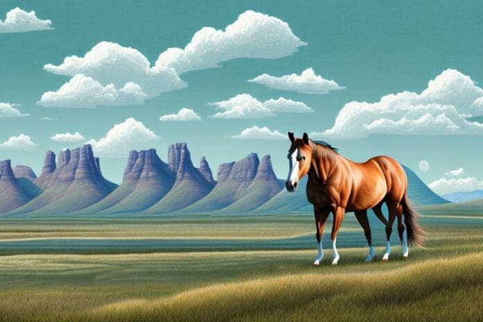 A horse in the rocky mountains with a backdrop of the standerton