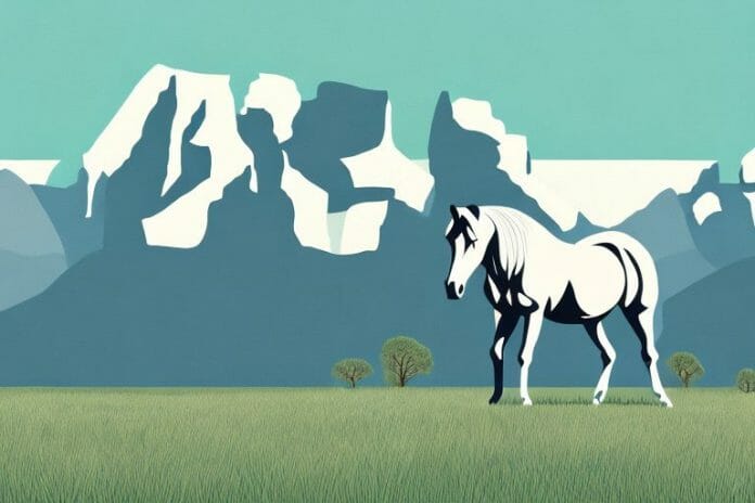 A horse standing in a field surrounded by the rocky mountains of white river