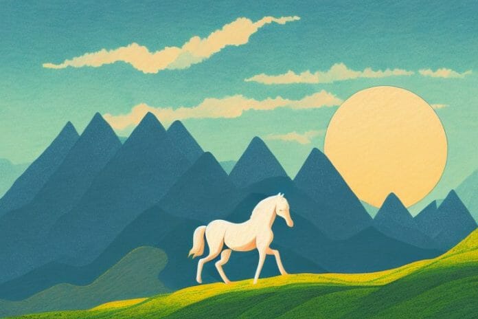 A horse in a mountainous landscape with the sun setting in the background
