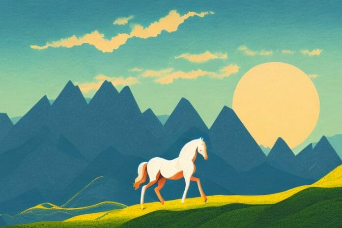 A horse in a mountainous landscape