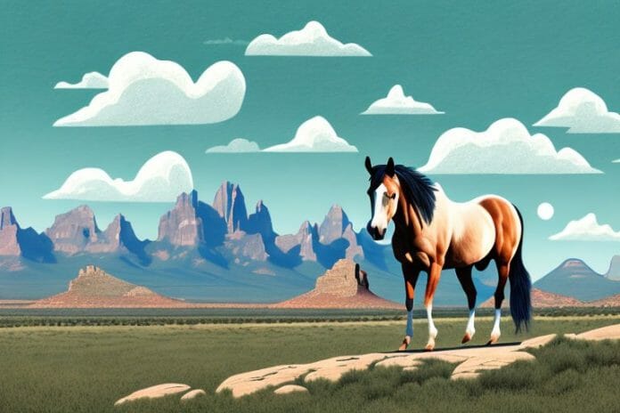 A horse in the rocky mountains with the upington skyline in the background