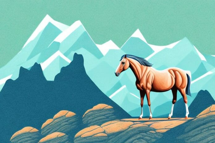 A horse standing in a rocky mountain landscape