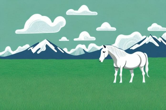 A horse grazing in a grassy field in the rocky mountains