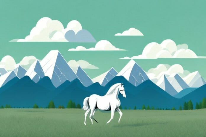 A horse in a field with the rocky mountains in the background