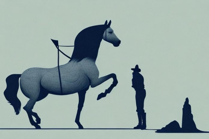 A horse and rider in a kathu landscape