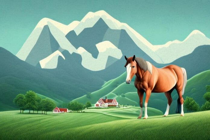 A horse standing in a mountainous landscape with a rural farmhouse in the background