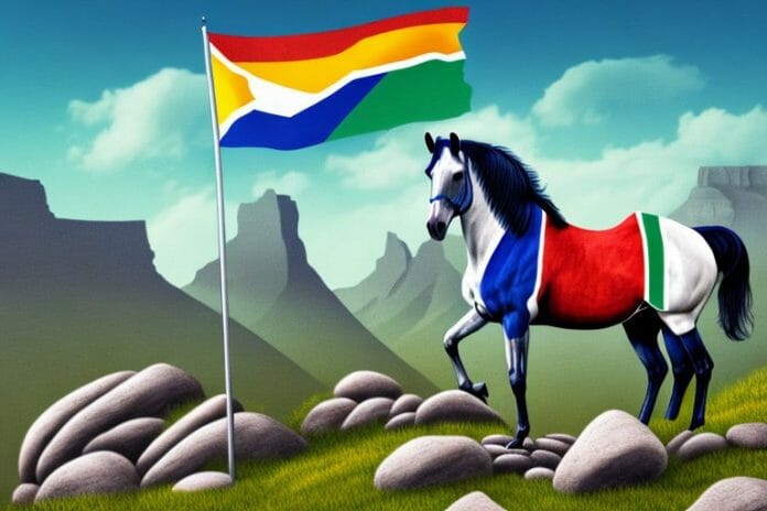 A horse in a rocky landscape with the south african flag in the background
