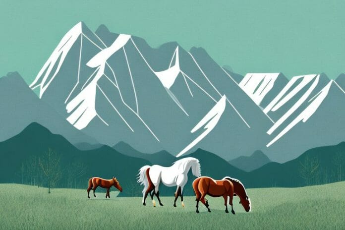A rocky mountain landscape with a horse grazing in the foreground