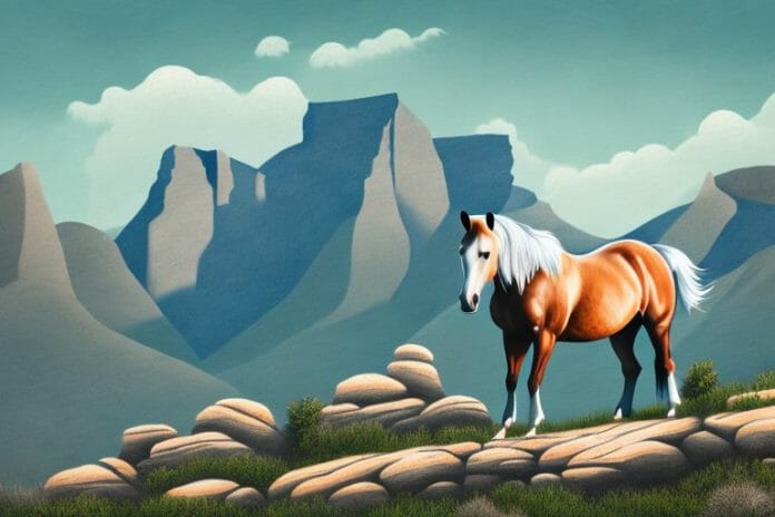 A horse in a rocky mountain landscape with a backdrop of prieska