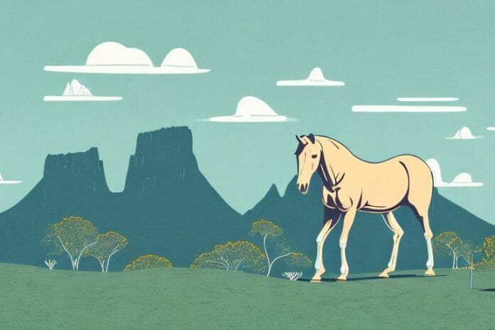 A horse standing in a mountainous landscape in klerksdorp