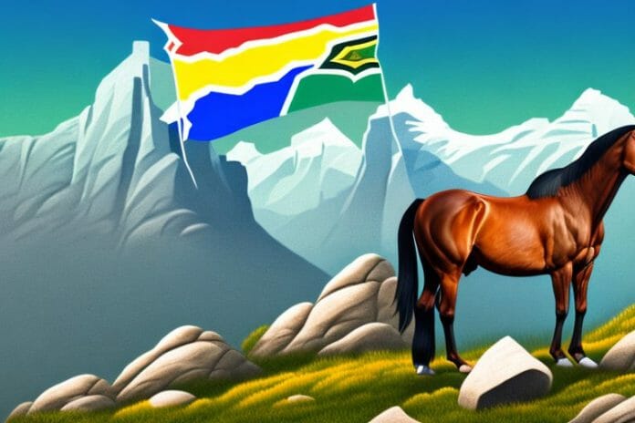 A horse in a rocky mountain landscape with the south african flag in the background