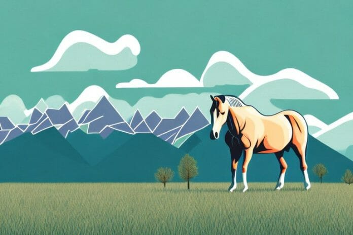A horse standing in a field with the rocky mountains in the background